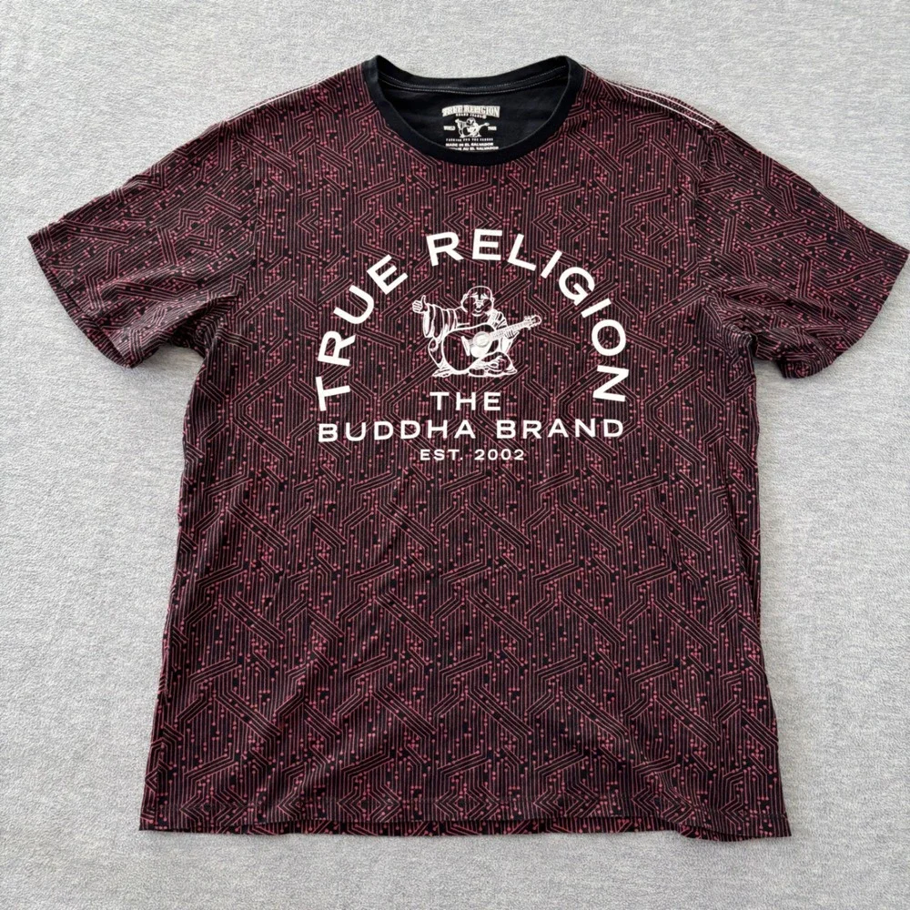 True Religion Buddha Brand Mens XL T-Shirt Black Red Circuit Board Graphic Tee